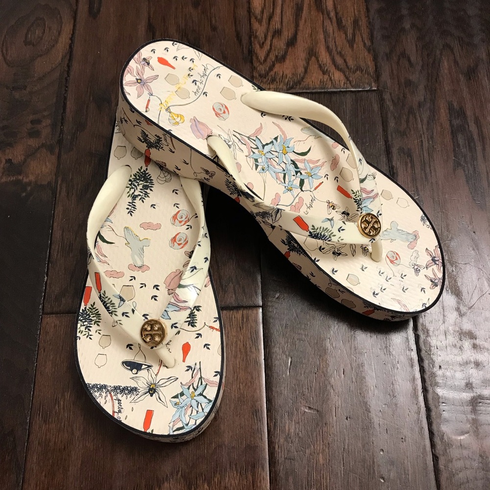 Tory Burch Floral Cream Flip-Flops Women’s Shoes